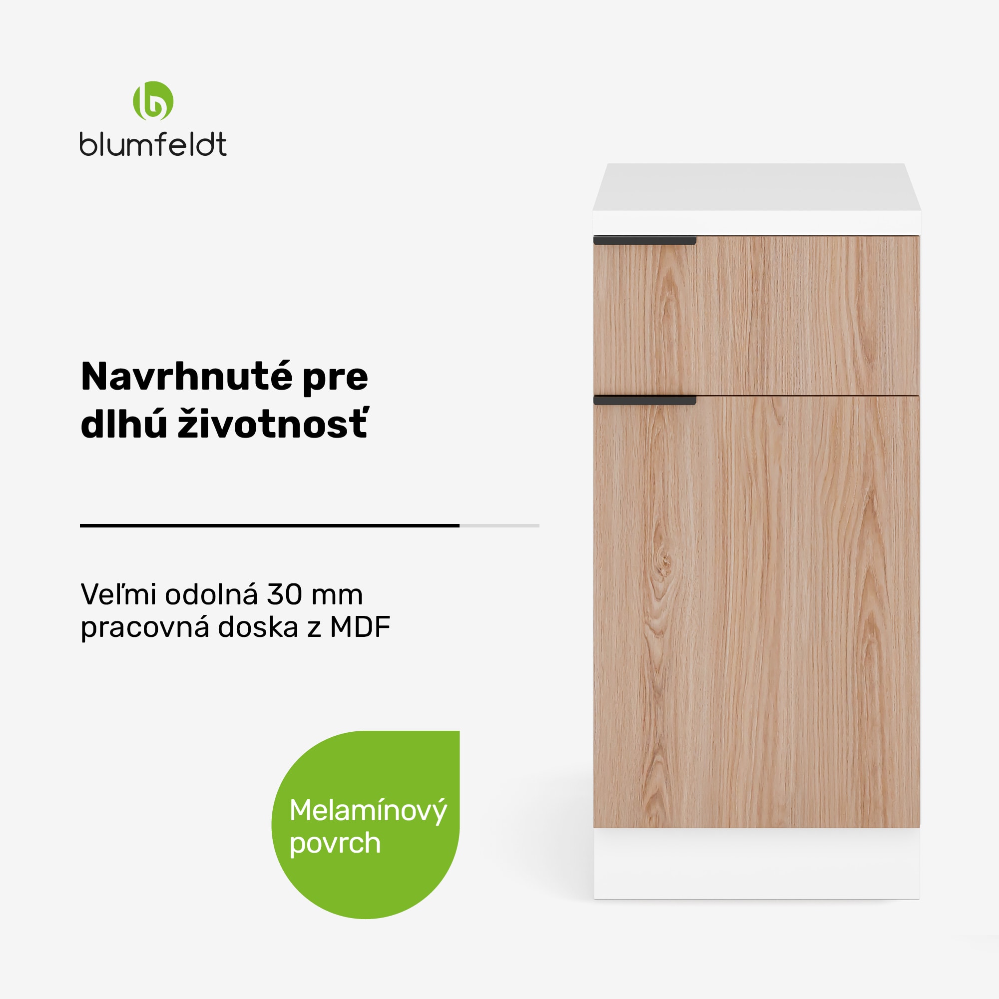 Blumfeldt WoodVista skrinka s zásuvkami | Robustná MDF pracovná doska | Soft-close pánty | Hliníkové úchyty – Obrázok 2