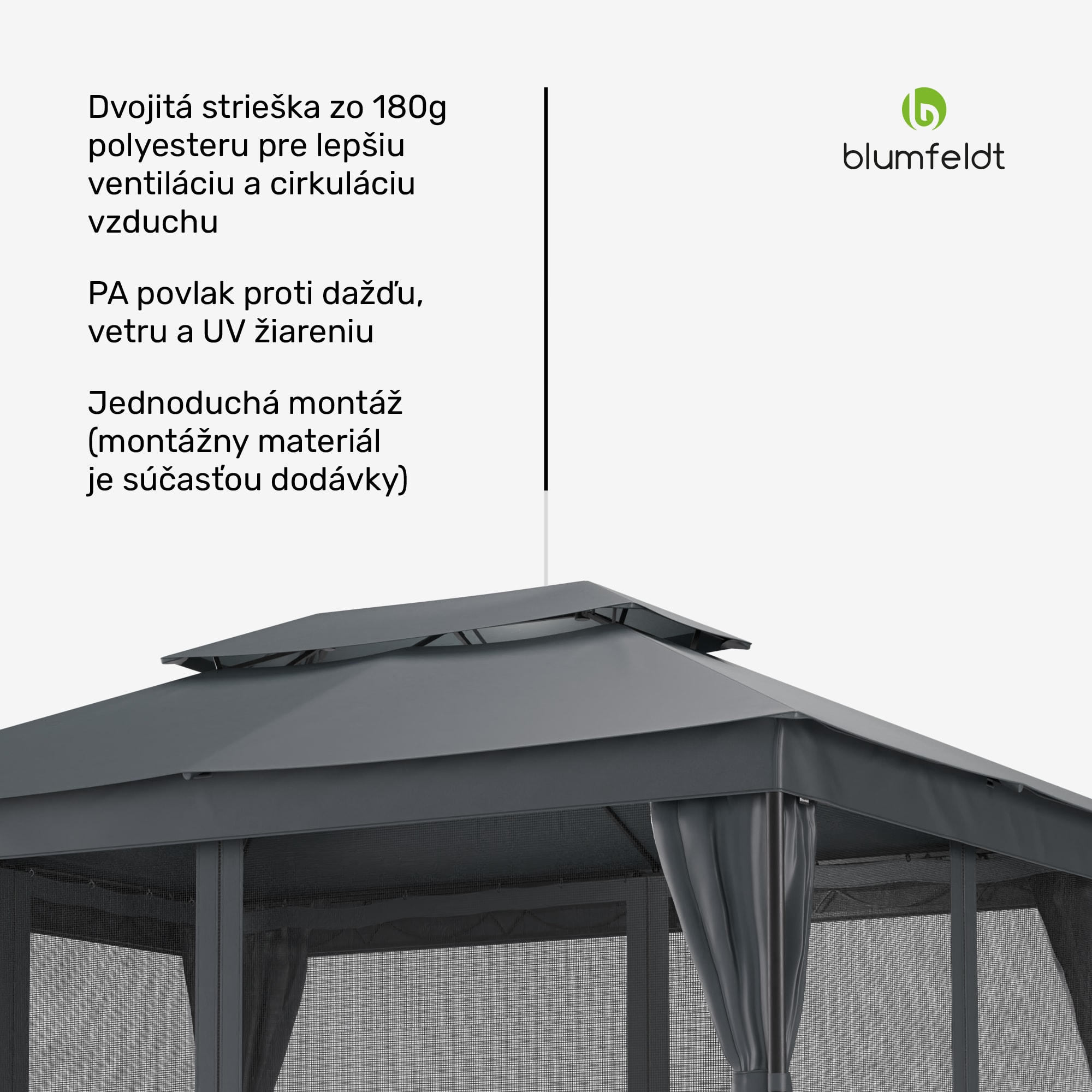 Blumfeldt Altánok Mondo Dual 3x4 s dvojitou strechou a sieťou proti hmyzu – Obrázok 4