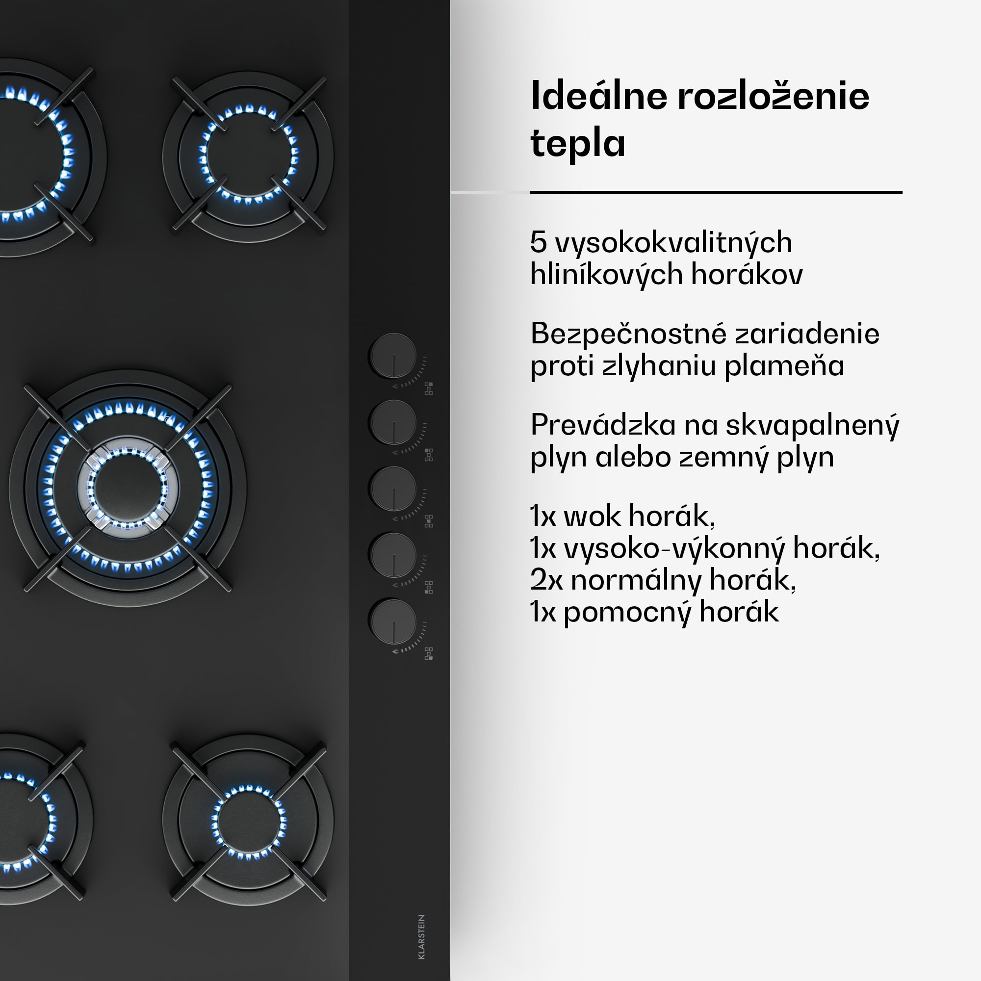 Klarstein Plynová varná doska Velaire, 5-horáková s elektrickým zapaľovaním, Kompatibilná so zemným plynom a LPG, 10400 W, 90 cm – Obrázok 5