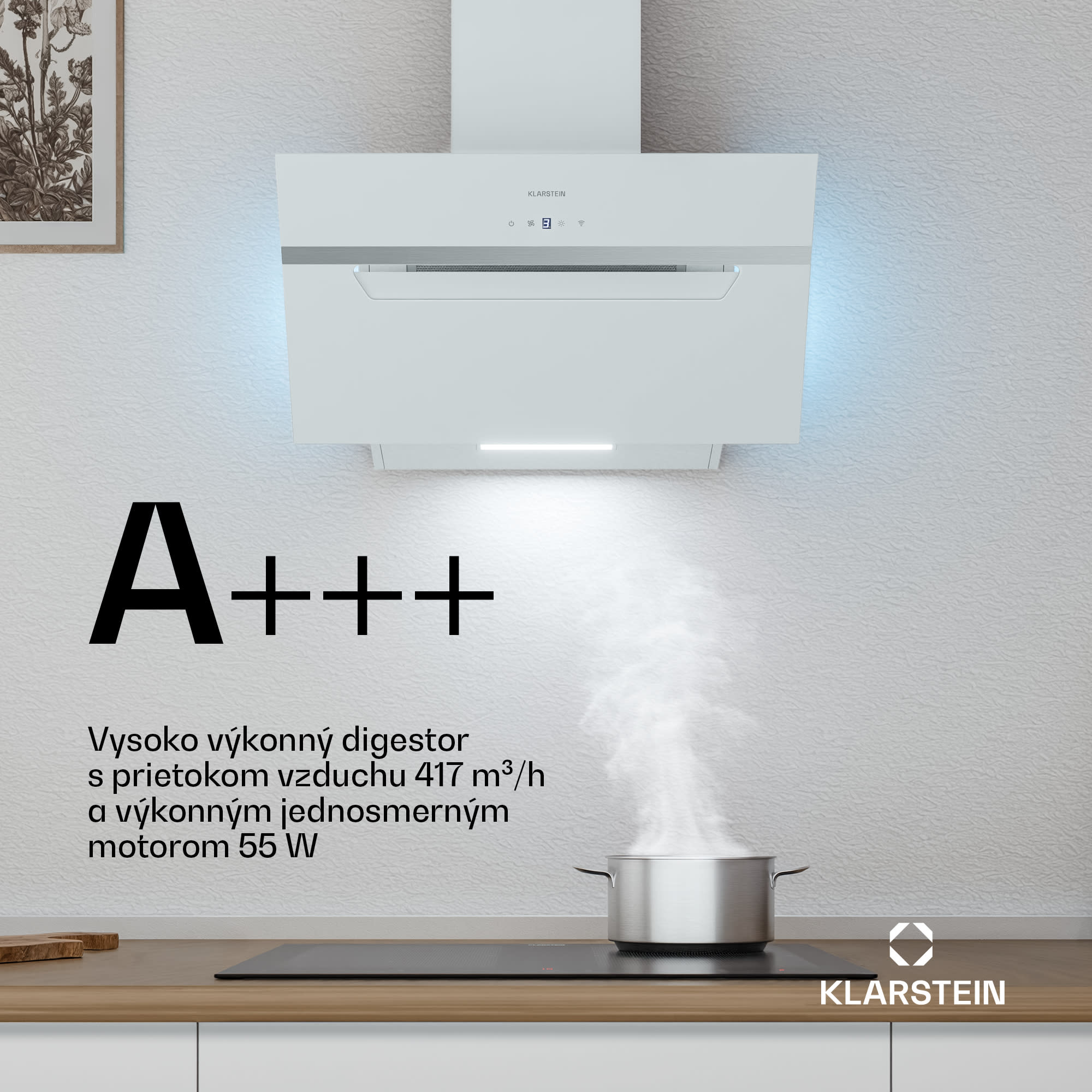 Klarstein BigBite komínová digestoř | odťah a recirkulácia | bezpečnostné sklo | 417 m³/h | 60 cm
