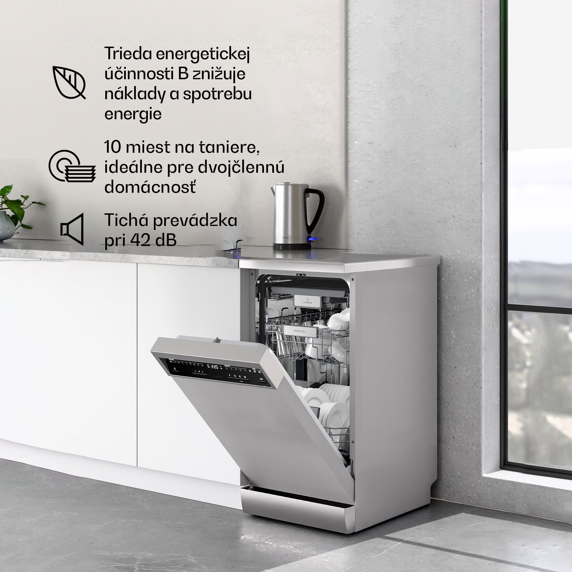 Klarstein Verosteel voľne stojaca umývačka riadu | Minimalistická, kompaktná, elegantná | EEC B | 45 cm – Obrázok 3