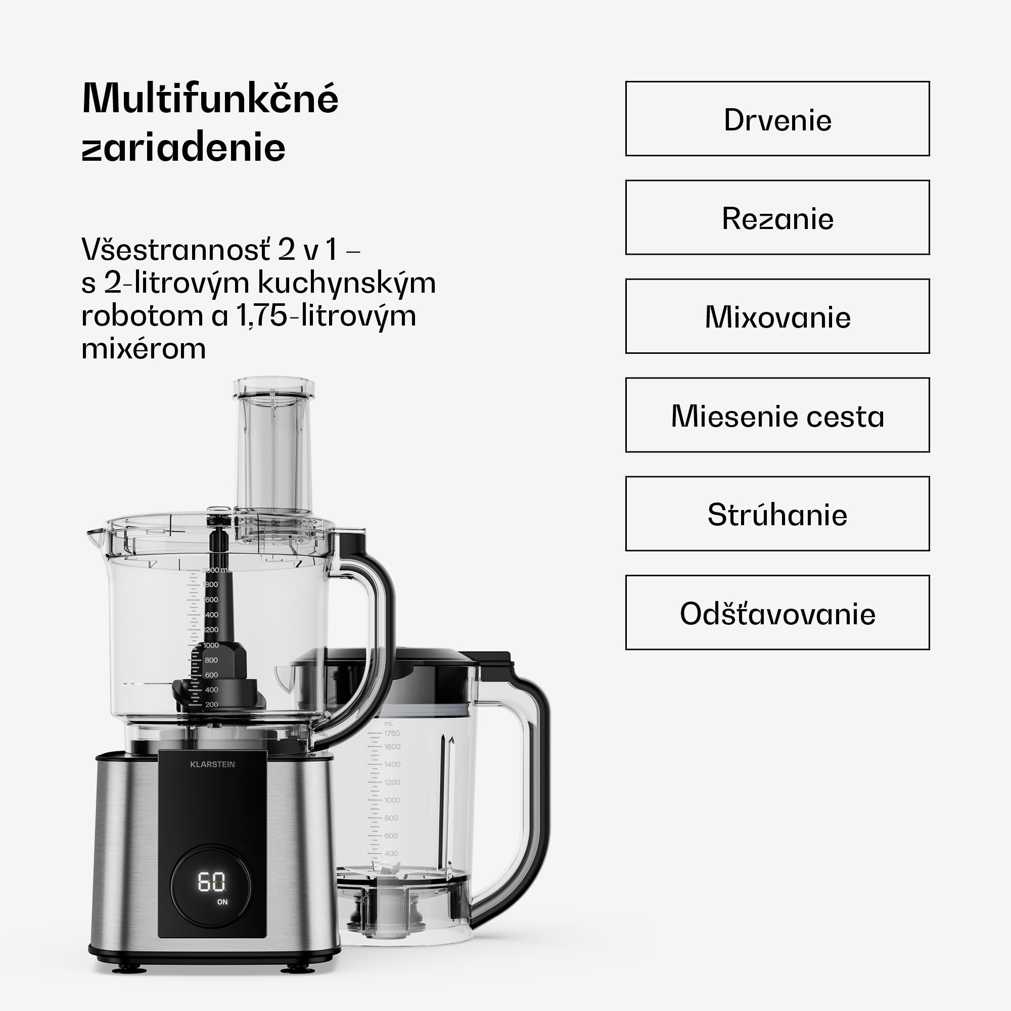 Klarstein Verosteel kuchynský robot s mixérom | Hnetenie, šľahanie a odšťavovanie | 1200 W | 2 L/1,75 L – Obrázok 3