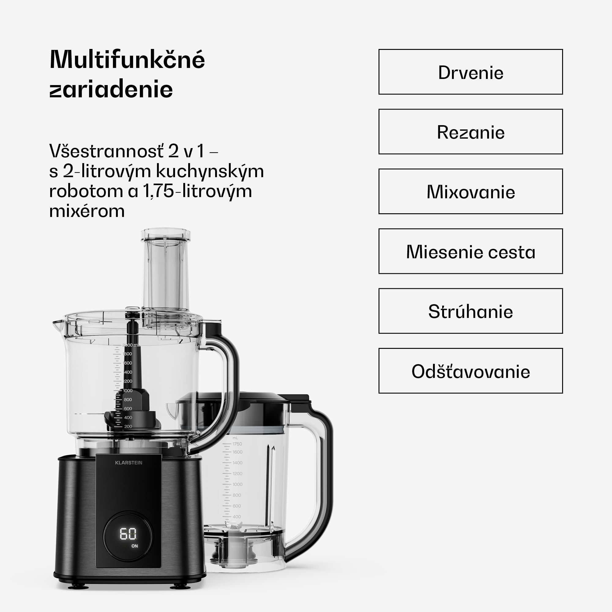 Klarstein Verosteel kuchynský robot s mixérom | Hnetenie, šľahanie & odšťavovanie | 1200 W | 2 L/1,75 L – Obrázok 3