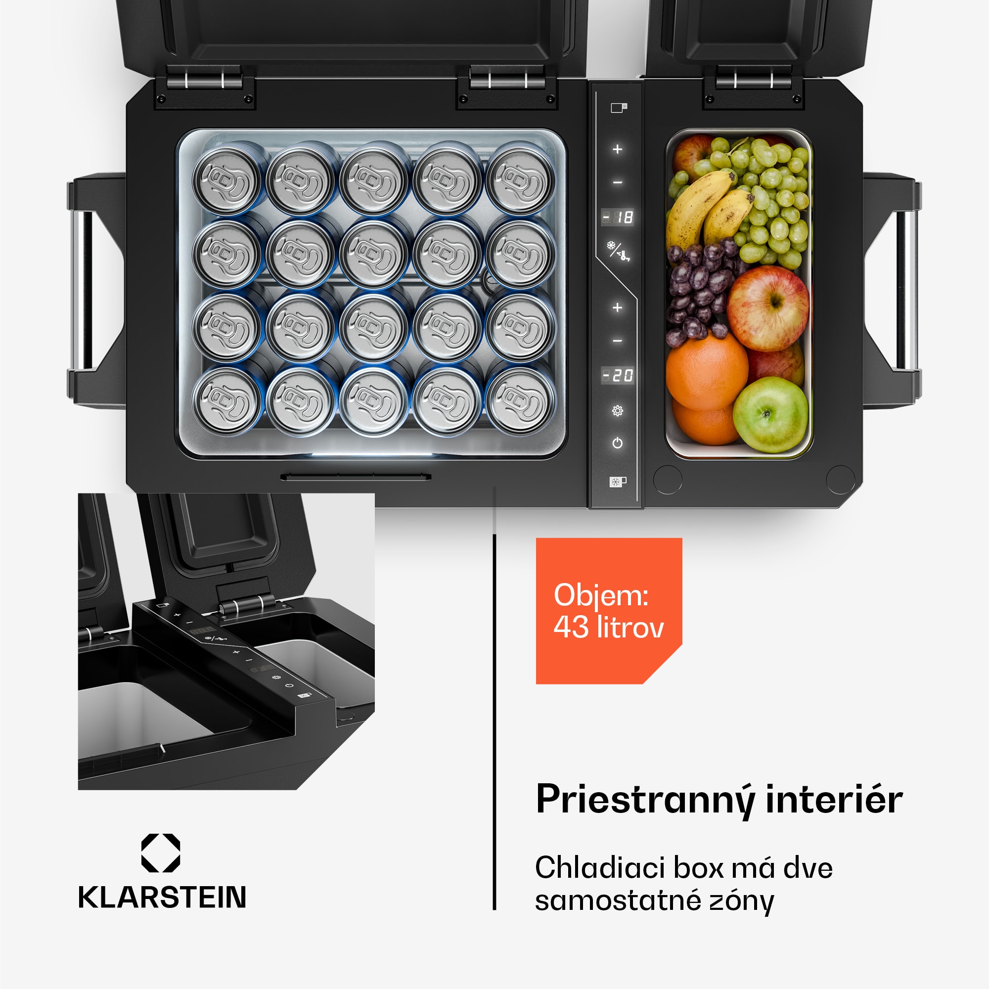 Klarstein Arctiq Duo chladiaca box | S kompresorom | 43 l | 58 plechoviek | -18 - 20 °C | Čierna | 78 cm – Obrázok 3